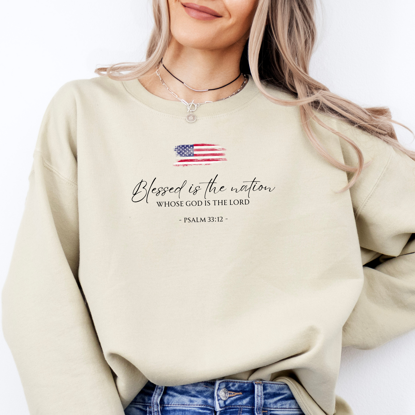 Faith-based crewneck with bible verse Psalm 33;12 blessed is the Nation – Christian apparel Deer Park WA