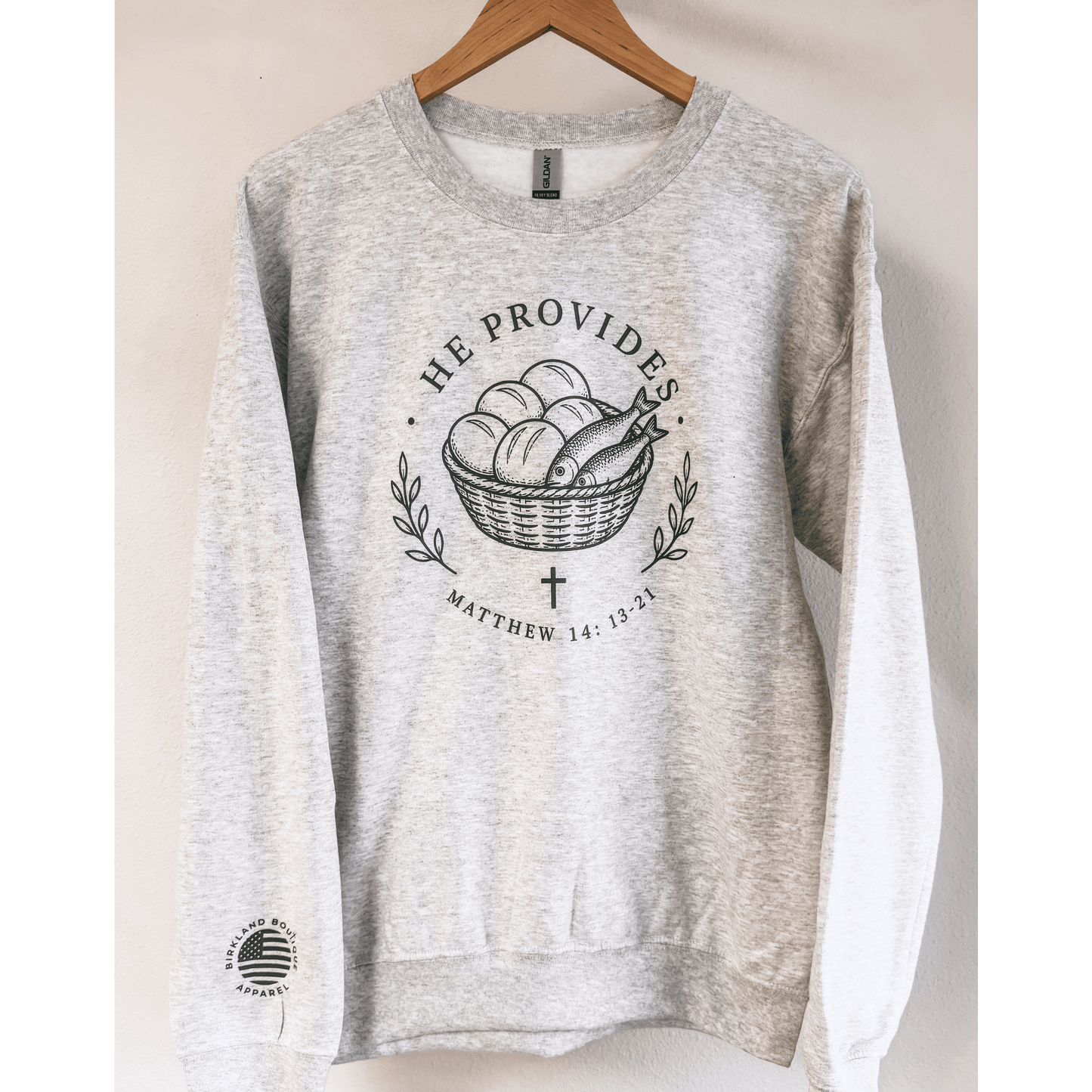 He Provides Christian Crewneck Sweatshirt | Matthew 14:13 - 21 Faith Based Boutique Pullover - Birkland Boutique