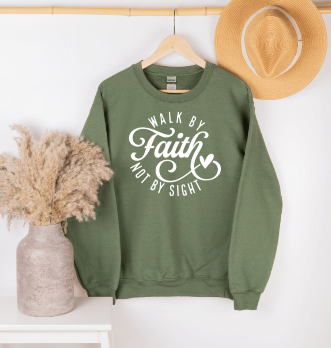 Faith-based crewneck with inspirational quote Walk by faith not by sight – Christian apparel Deer Park WA