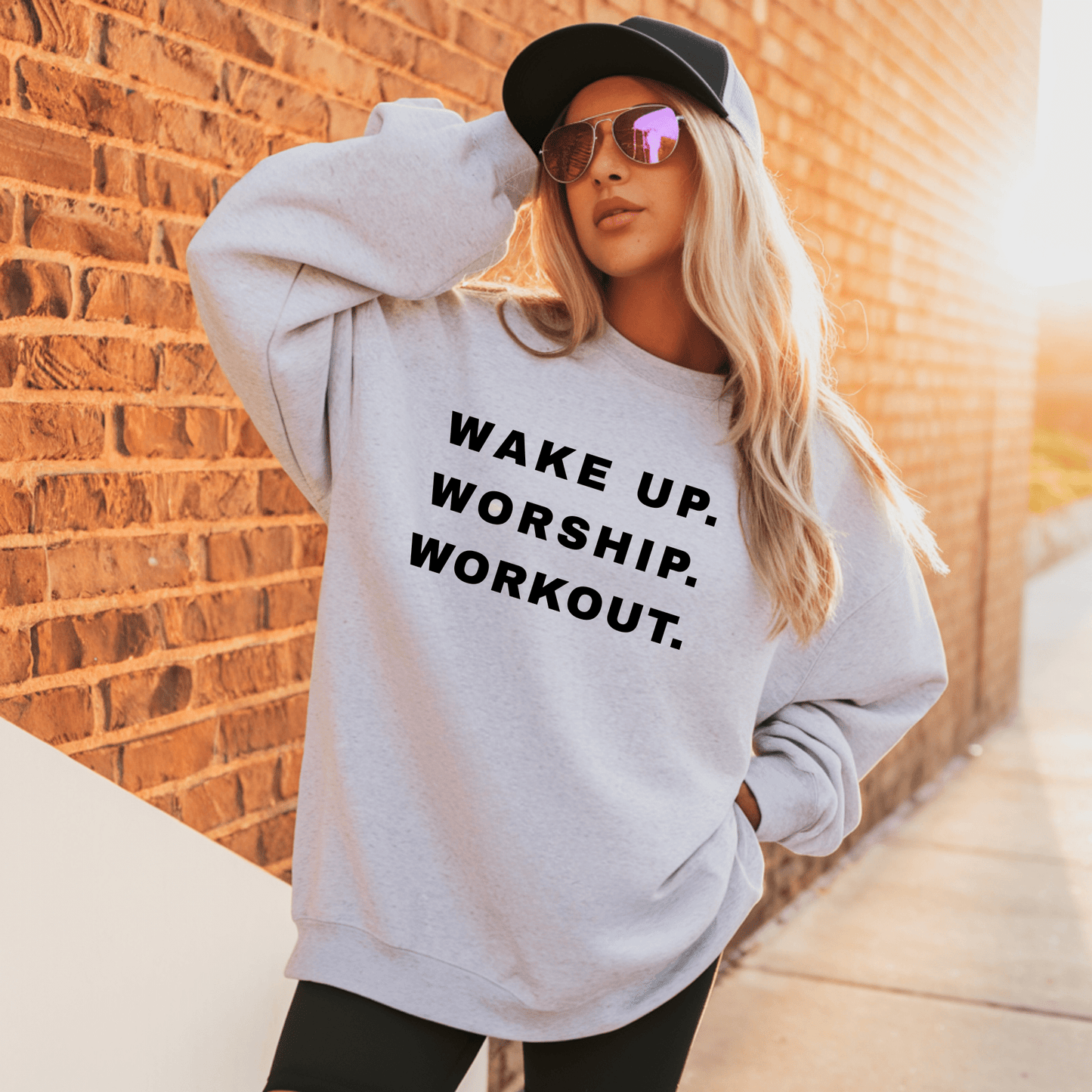 Wakeup. Worship. Workout. Crewneck – Christian Fitness Sweatshirt - Birkland Boutique