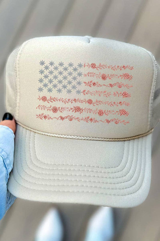 Floral United States Flag Otto Khaki Foam Front Trucker Hat - Birkland Boutique