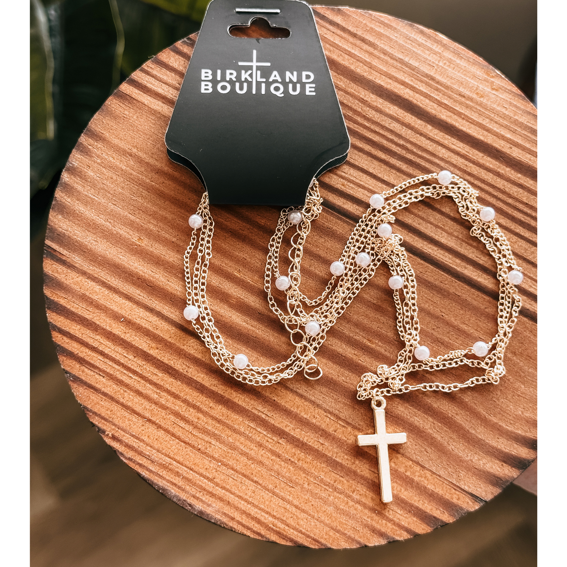 Gold layered cross necklace with delicate beaded chain Christian jewelry.
