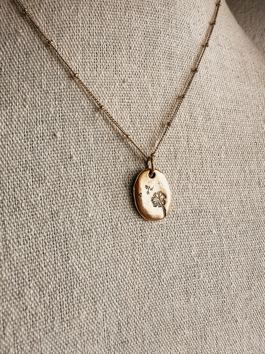Hand stamped dandelion puff necklace gold tone - Birkland Boutique