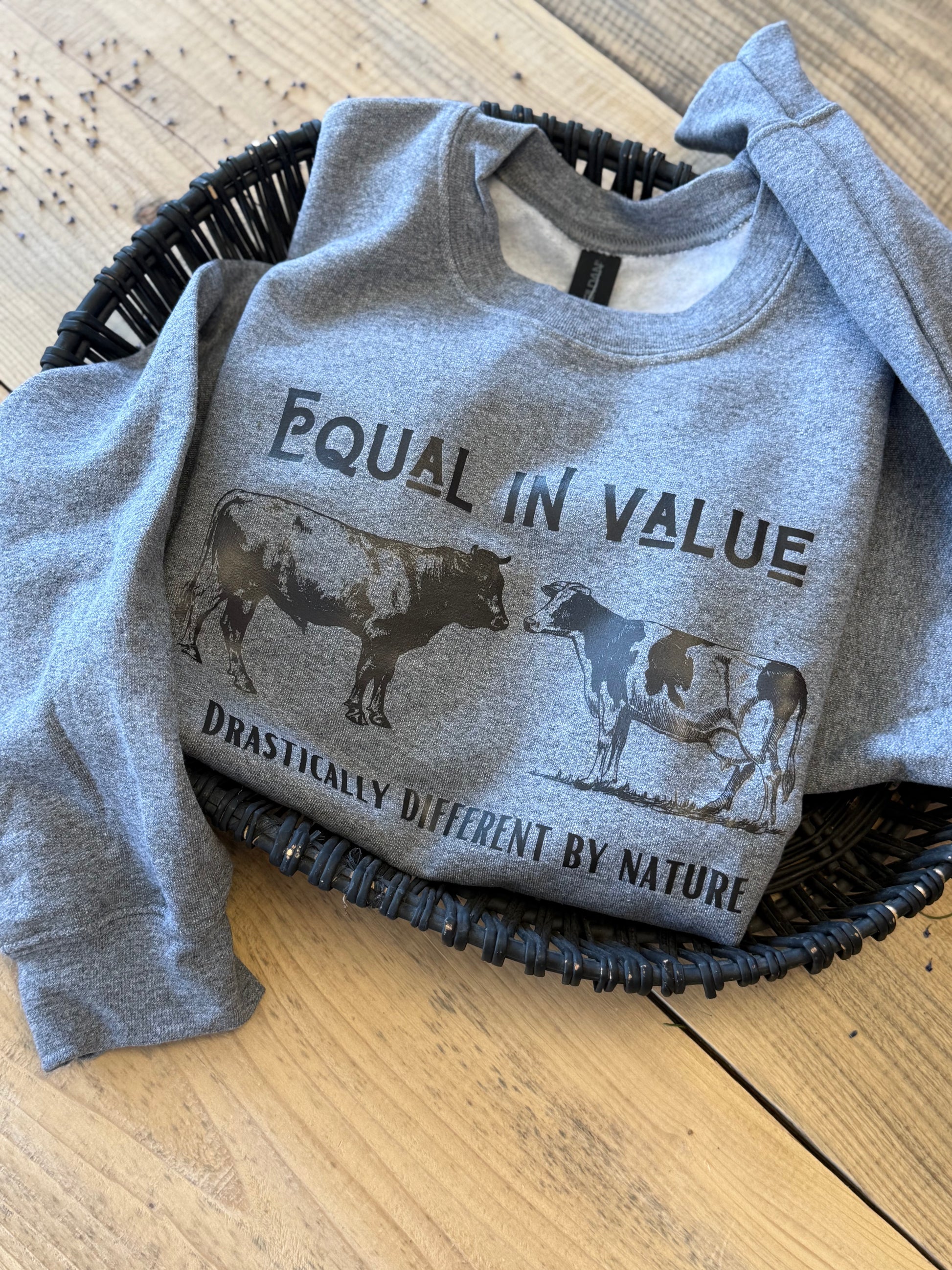 Faith-based crewneck with Cows Equal in Value Drastically Different by Nature – Christian apparel Deer Park WA
