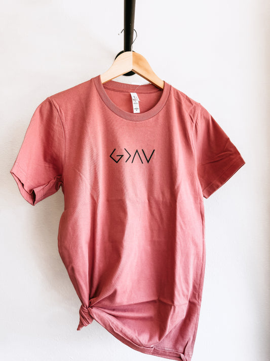 Blush Christian faith tee hanging on hanger – soft boutique shirt by Birkland Boutique