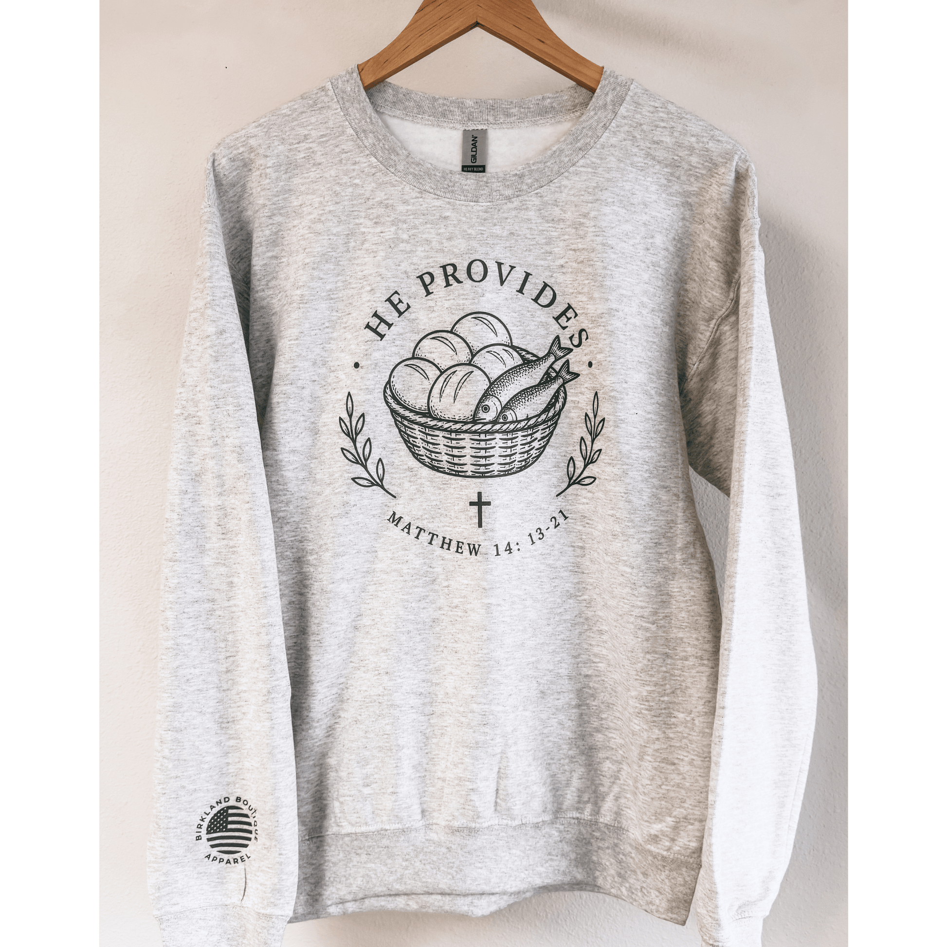 He Provides Christian Crewneck Sweatshirt | Matthew 14:13 - 21 Faith Based Boutique Pullover - Birkland Boutique