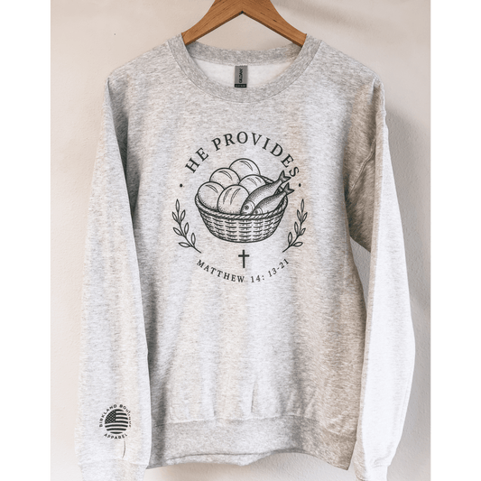 He Provides Christian Crewneck Sweatshirt | Matthew 14:13 - 21 Faith Based Boutique Pullover - Birkland Boutique