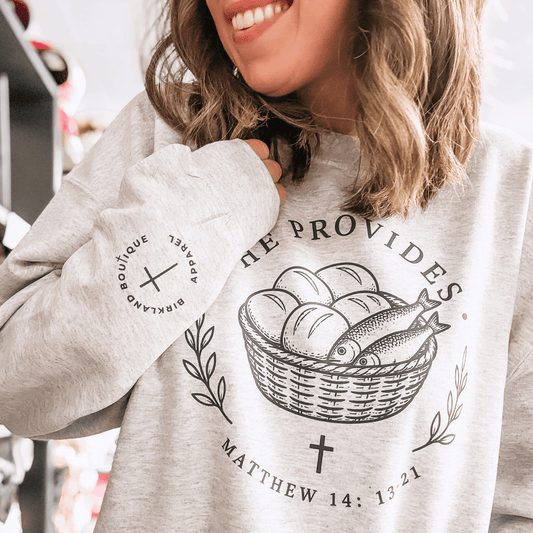 He Provides Christian Crewneck Sweatshirt | Matthew 14:13 - 21 Faith Based Boutique Pullover - Birkland Boutique
