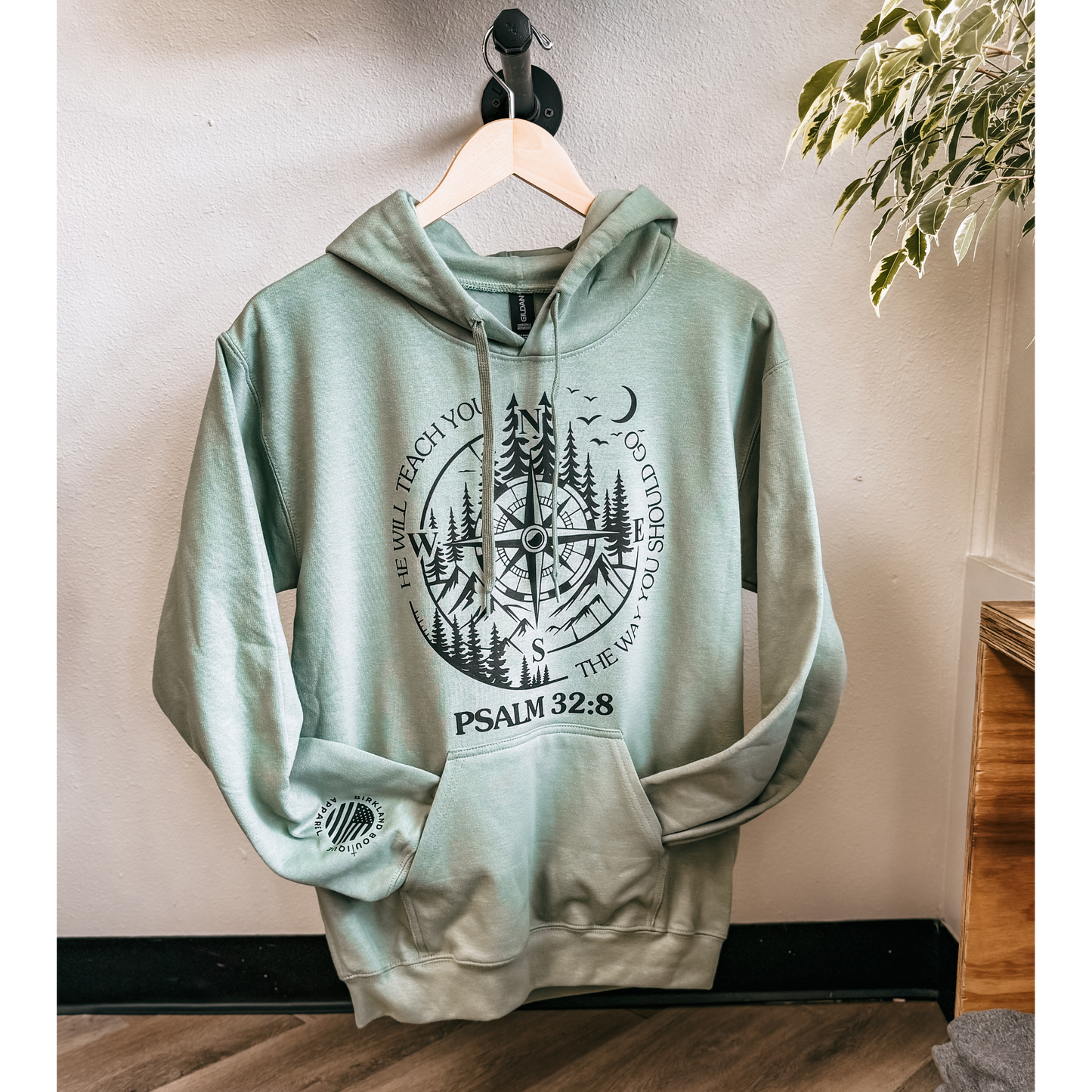 Psalm 32:8 Christian hoodie with mountain compass and scripture design