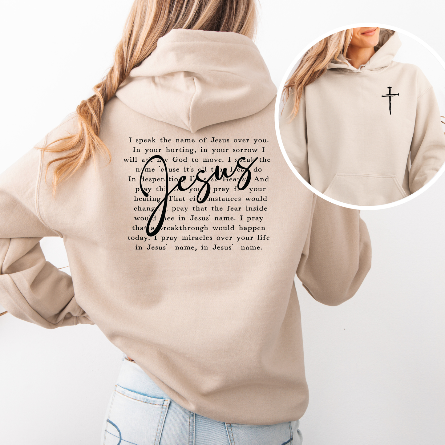 Jesus Name Over You Christian hoodie with three nail cross and prayer graphic from Birkland Boutique