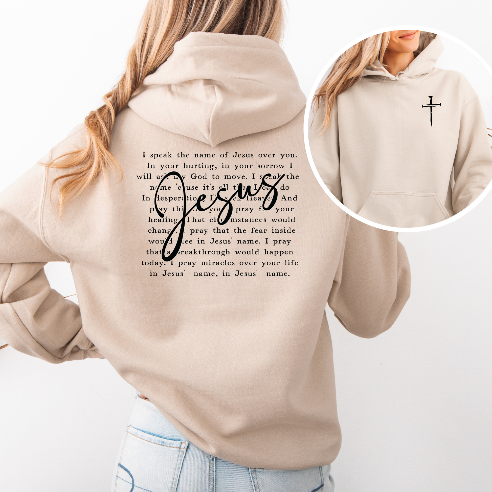 Jesus Name Over You Christian hoodie with three nail cross and prayer graphic from Birkland Boutique
