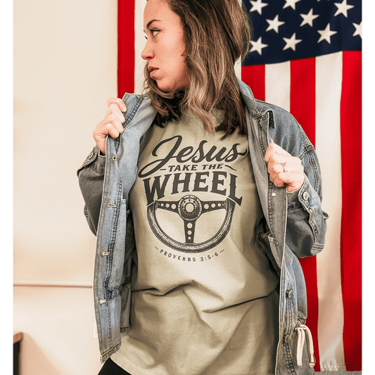 Jesus Take the Wheel Christian Graphic Tee – Proverbs 3:5 - 6 Shirt - Birkland Boutique