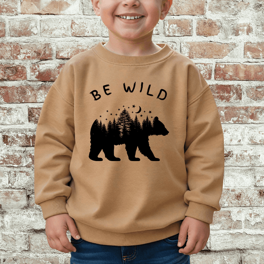 Be Wild Toddler Crewneck Sweatshirt | Rustic Bear Nature Kids Pullover | Cozy Neutral Fall Outfit for Boys & Girls - Birkland Boutique