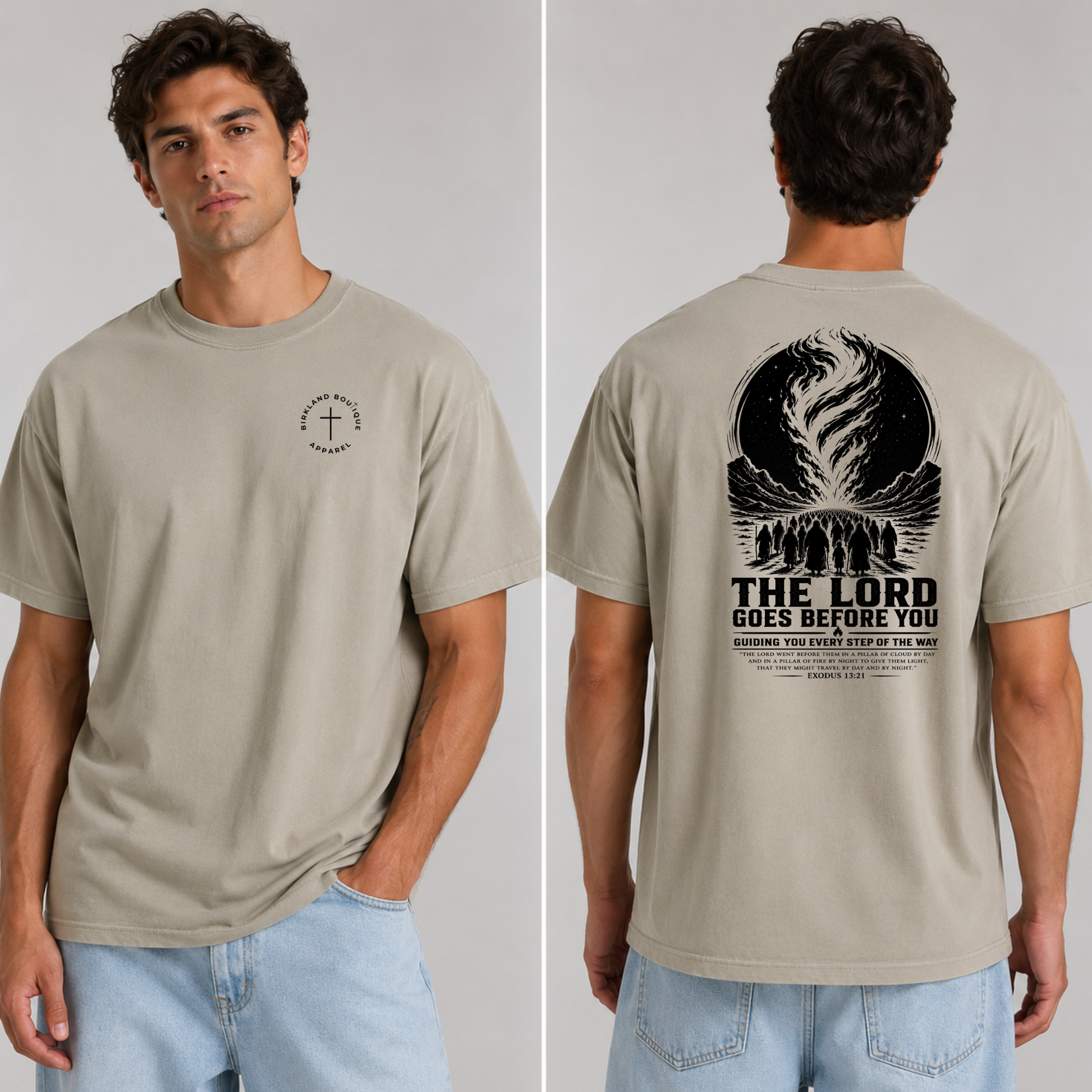 Unisex sand-colored Christian graphic tee featuring "The Lord Goes Before You" Exodus 13:21 design with the pillar of cloud and fire on the back.