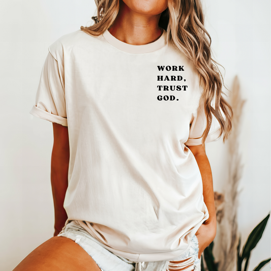 Christian oversized t-shirt with ‘Work Hard Trust God’ design – Birkland Boutique