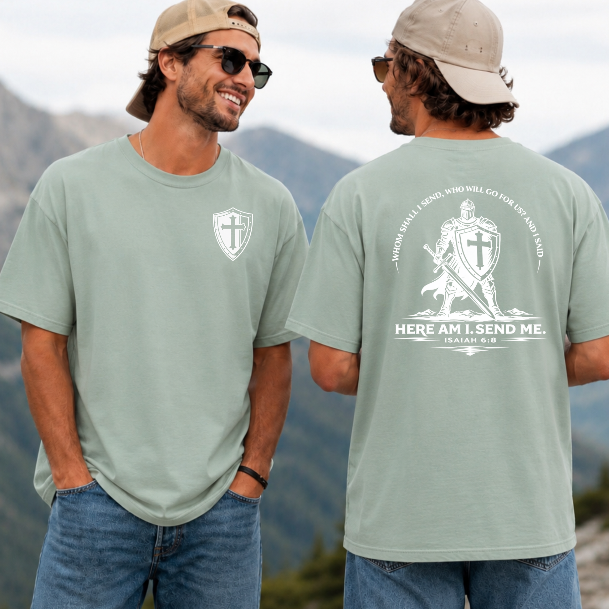 Close-up of cross shield chest graphic on Here Am I, Send Me Isaiah 6:8 Christian t-shirt.