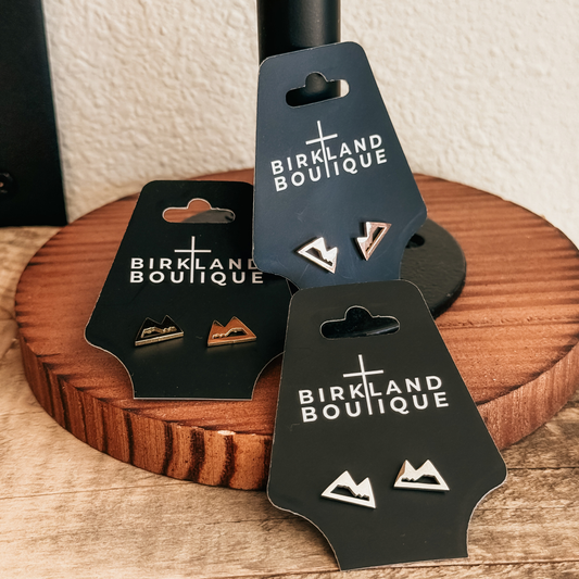 Birkland Boutique Christian boutique mountain stud earrings in gold silver and rose gold